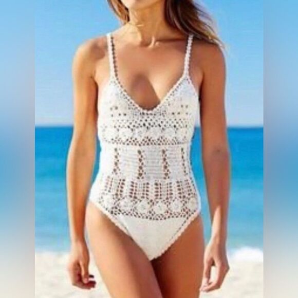 Crochet knit body suit, white brand is poof size medium, spaghetti straps - Picture 1 of 7